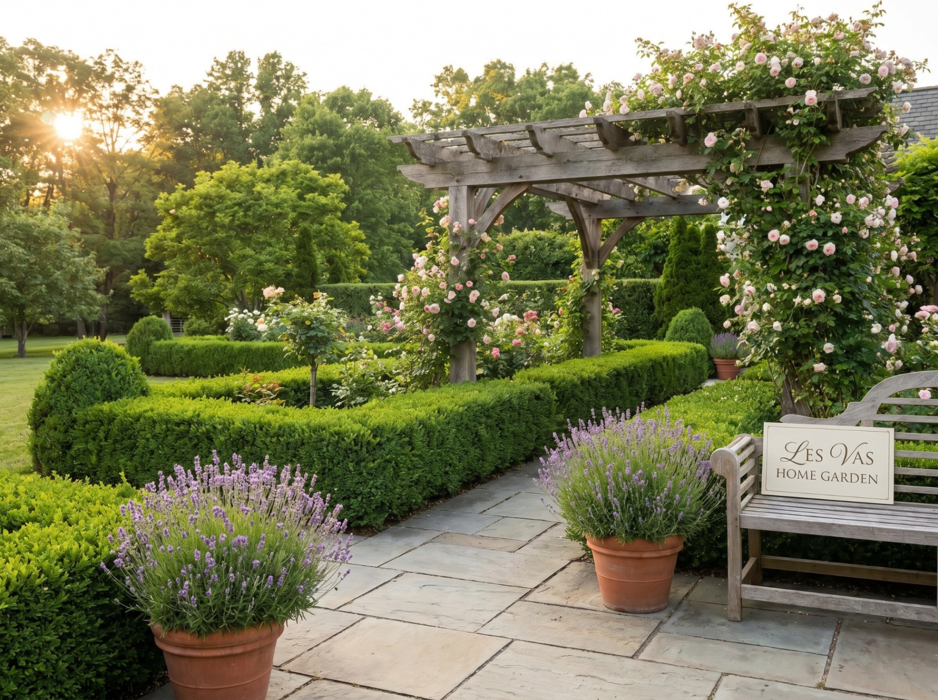 Elegant garden setting with terracotta planters, lavender and roses — RavoDeals vases for home and garden